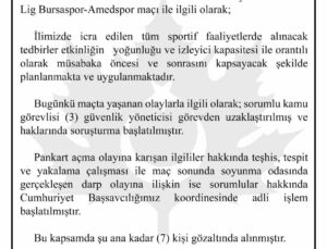 Bursa Valiliğinden Bursaspor-Amedspor açıklaması: “3 güvenlik yöneticisi görevden uzaklaştırıldı, 7 kişi gözaltına alındı”