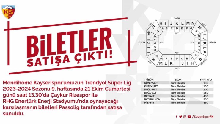 Kayserispor – Çaykur Rizespor maçı biletleri satışa çıkarıldı