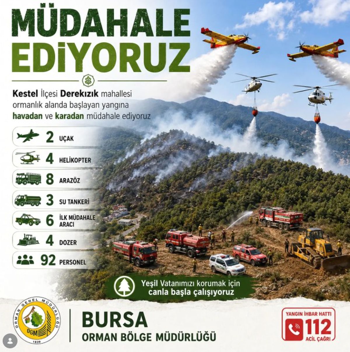 Bursa'da orman yangınına büyük çaplı müdahale sürüyor. Uzman ekipler, yangını