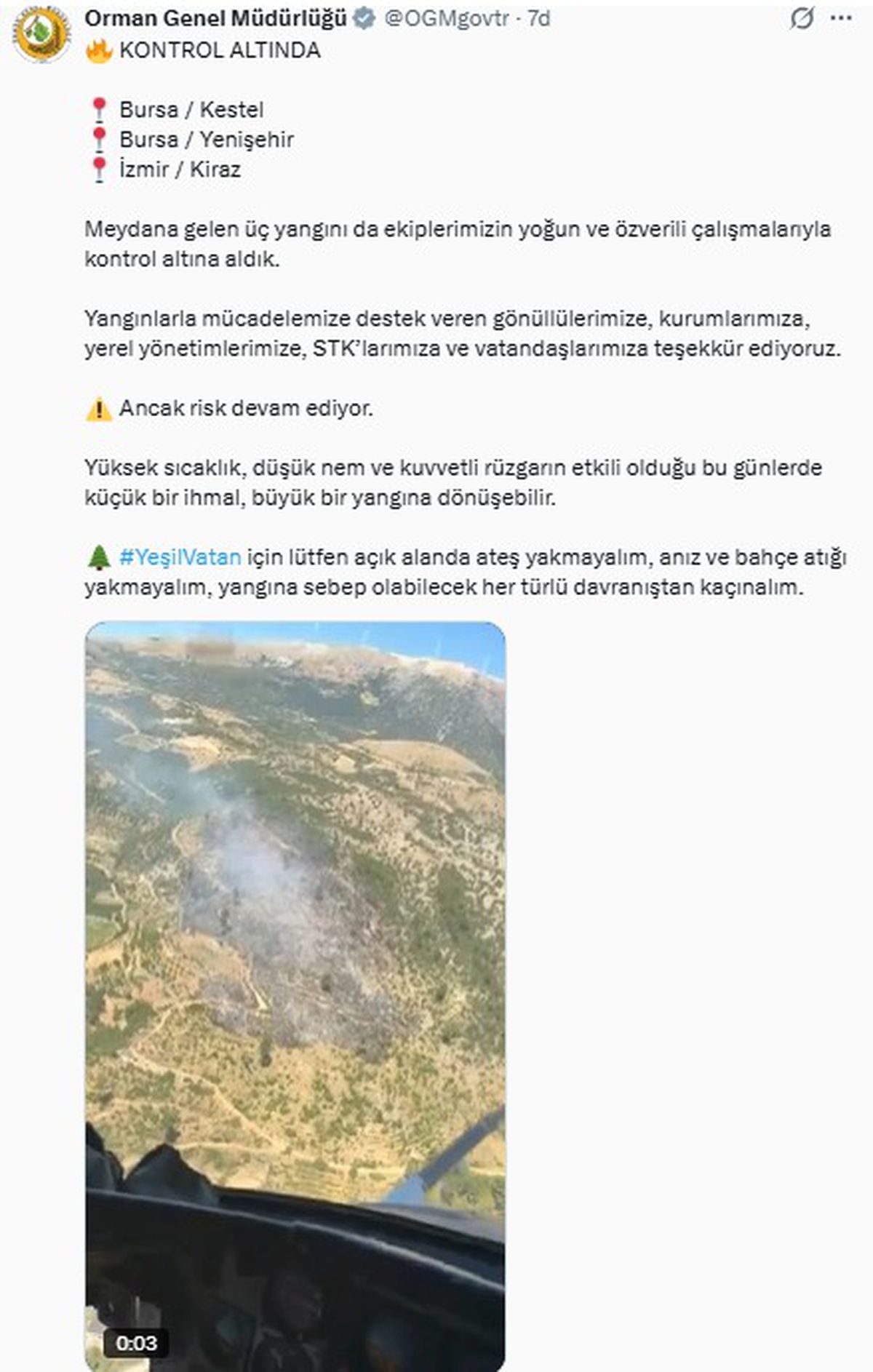 Bursa'daki orman yangınları kontrol altına alınmış ve söndürme çalışmaları başarıyla