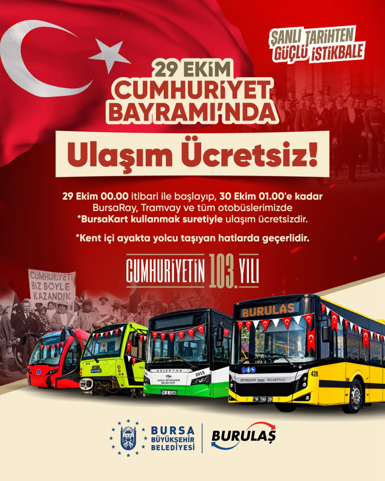 Bursa’da Toplu Ulaşım 29 Ekim’de Ücretsiz
